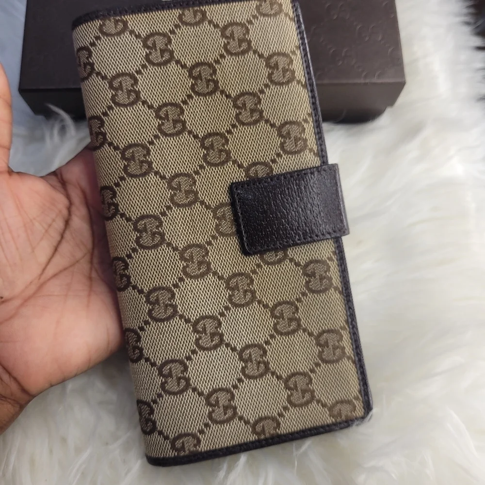 🤎🔹️Gucci 🔹️GG canvas logo plate long wallet beige brown leather - Picture 5 of 11